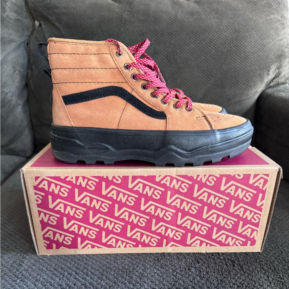 Vans Sentry Sk8-Hi Tan and Black High-Top Sneakers with Red Laces
